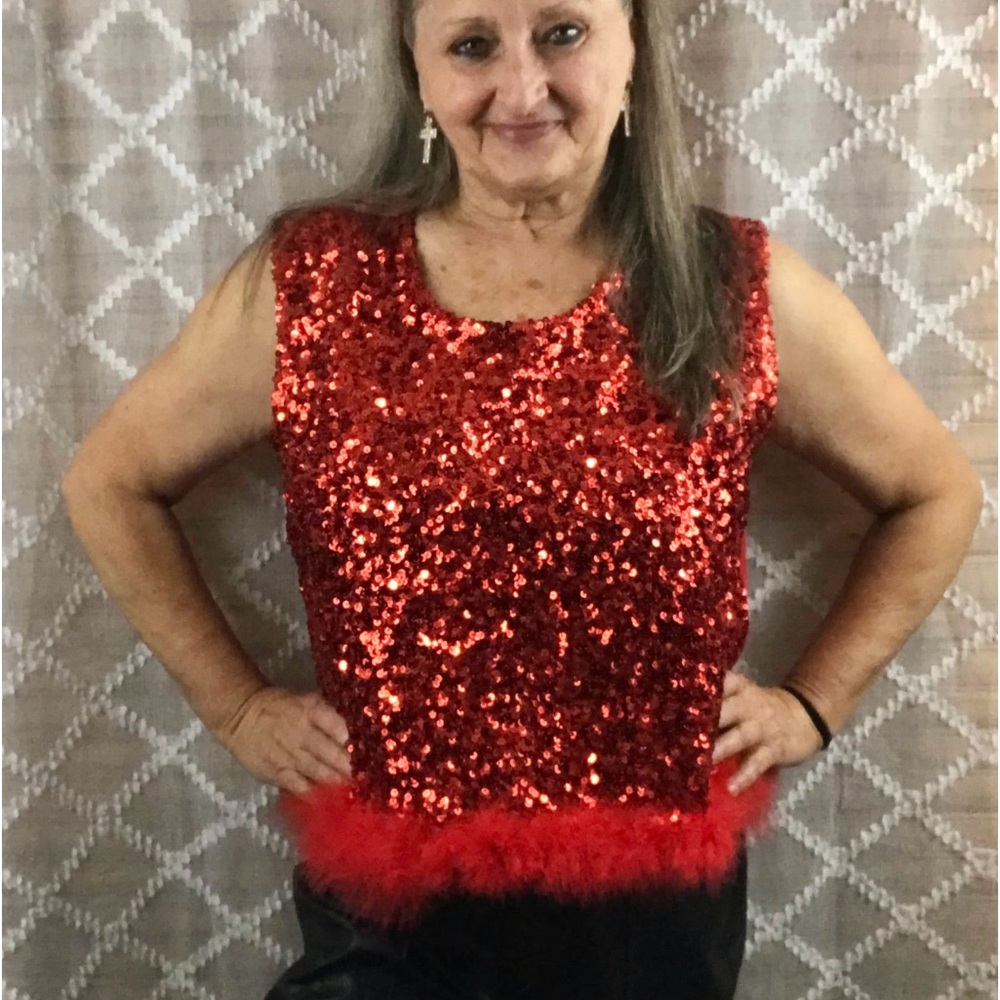 Red sequin crop top with feather trim sleeveless